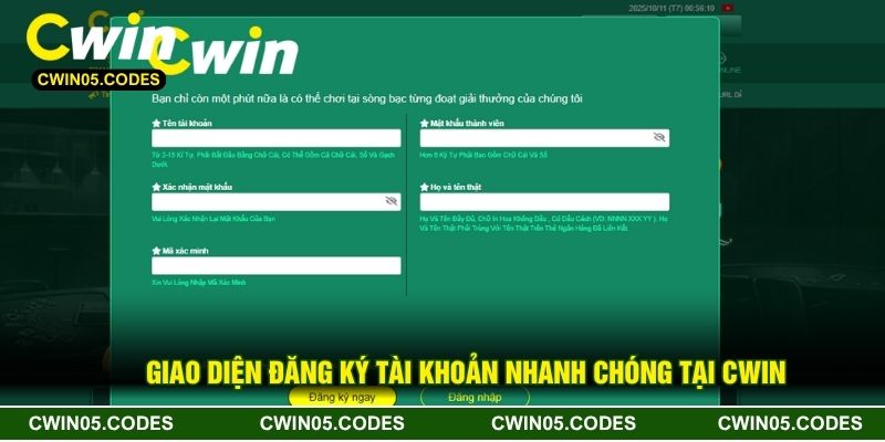 Giao diện đăng ký tài khoản nhanh chóng tại CWIN